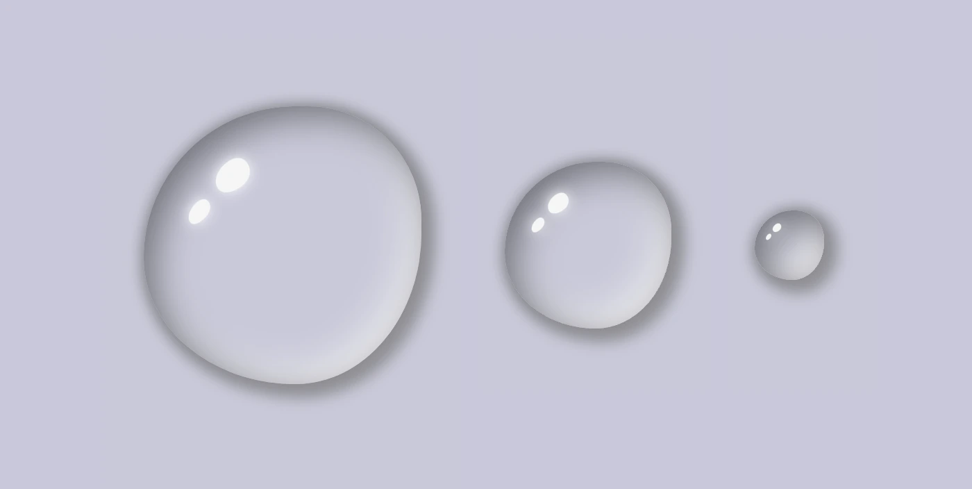 An image showing three different  gray CSS water drops with two small, almost white oval shapes like shiny effects in each.